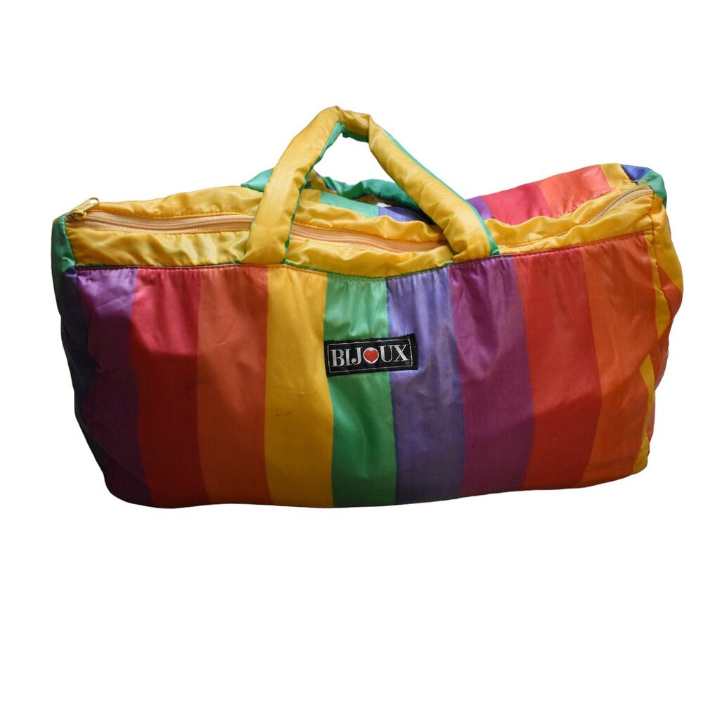Vintage 80s Bijoux Rainbow Stripe Parachute Large Weekender Purse Bag Tote